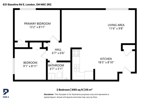 Floor plan for 2 beds, 1 bath, 695 sqft